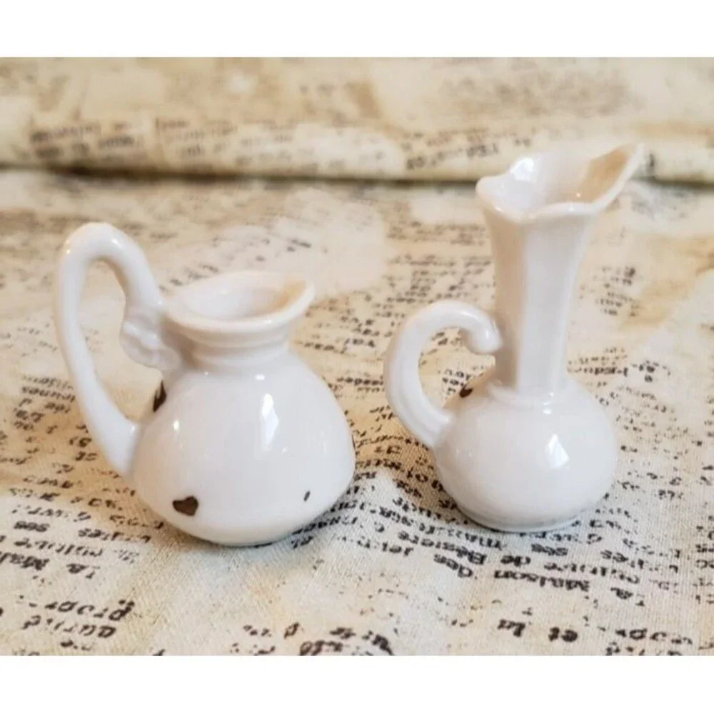 Artsy, Cottagecore - 2 Vintage Mini Pitchers with Flowers and Dots on Handles